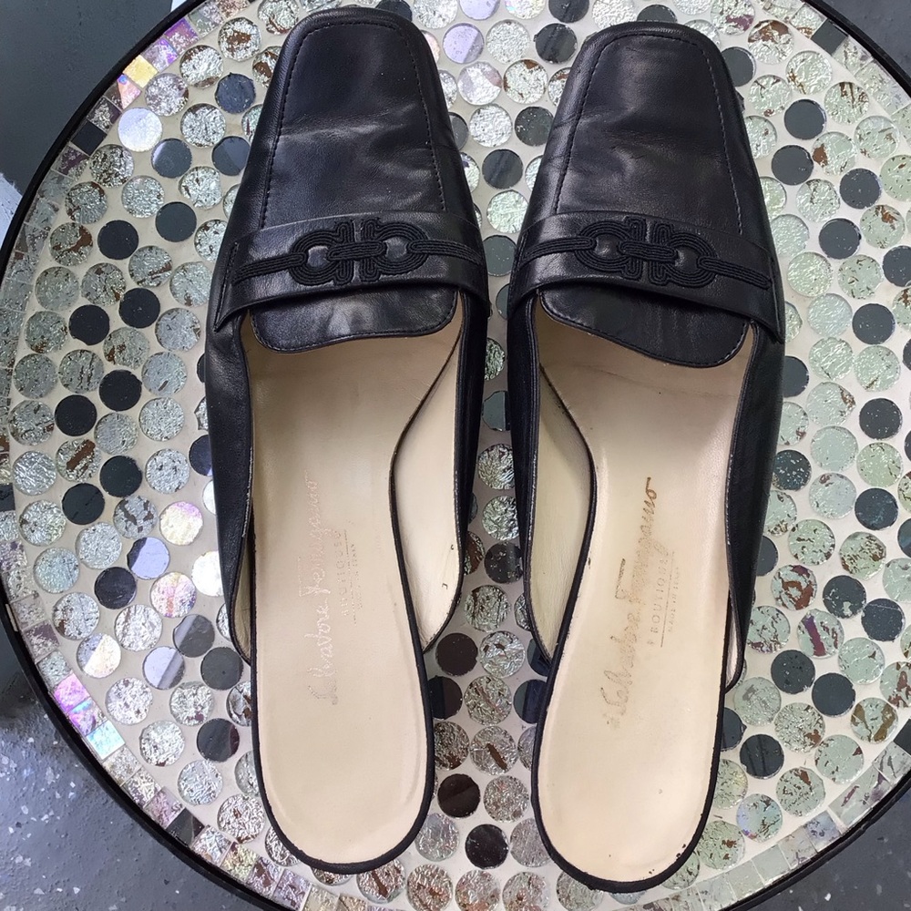 Salvatore Ferragamo Jacquard Silk Stitch Double Gancini Black Leather Mules